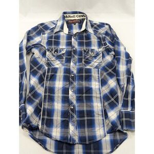 Rock & Roll Cowboy Shirt Mens Small Blue‎ Black Plaid Western Pearl Snap L/S